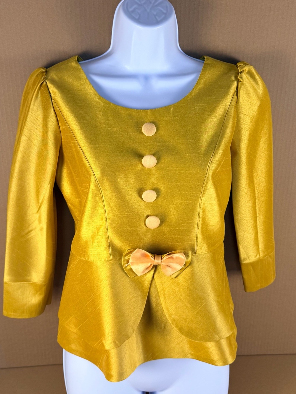 Yellow Satin Peplum Blouse with Front Buttons and Bow